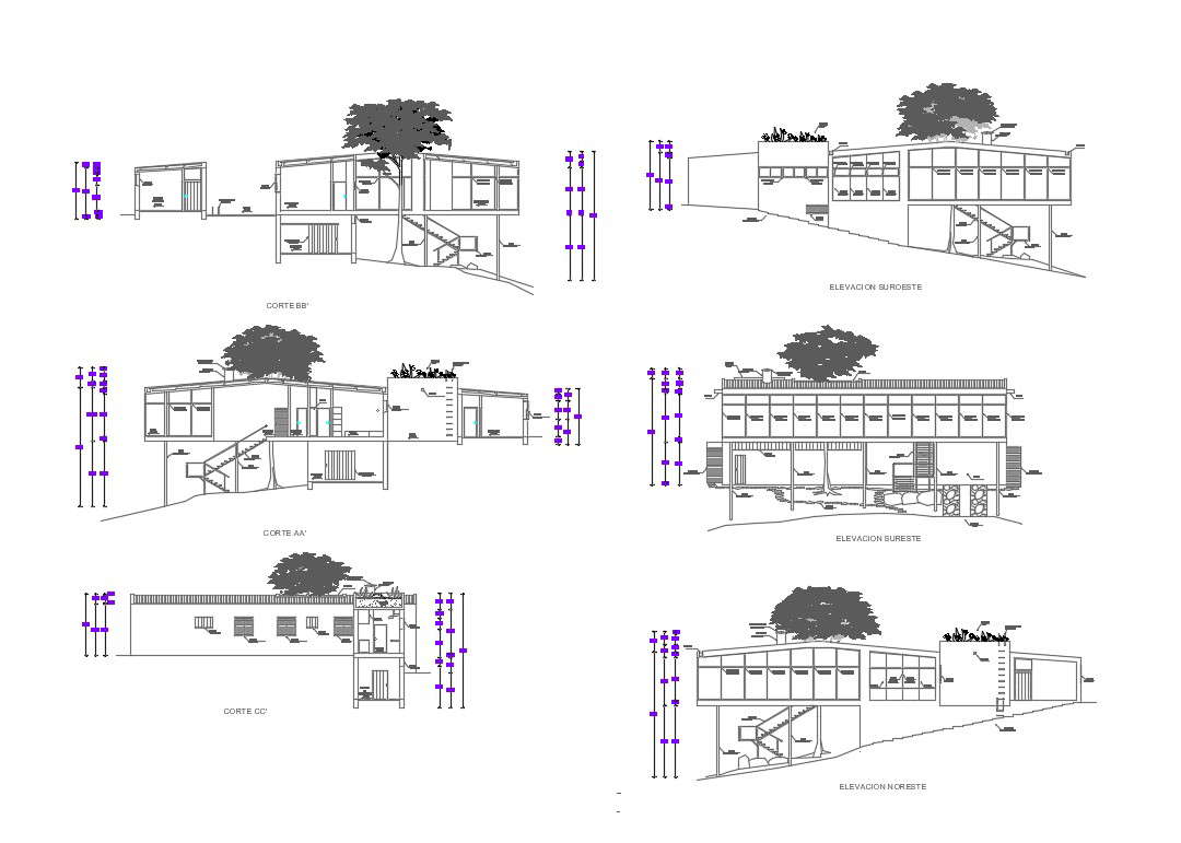 2d Cad Drawing Of Bungalow Elevations And Sections Design Autocad File