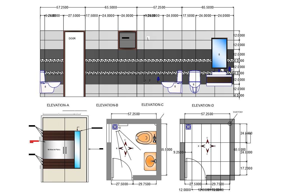 2D CAD Toilet Design Plan With Wall Elevation And Rendered Drawing