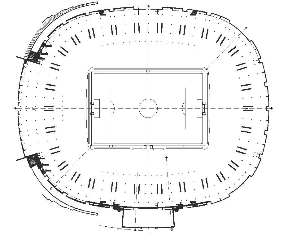 2D design of football stadium with column details in AutoCAD drawing ...