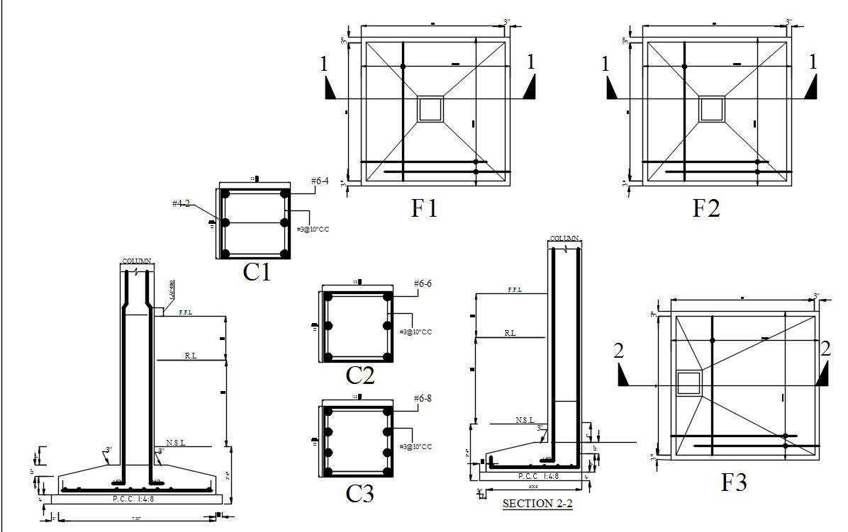 2D design of footing sections with details in AutoCAD drawing, CAD file ...