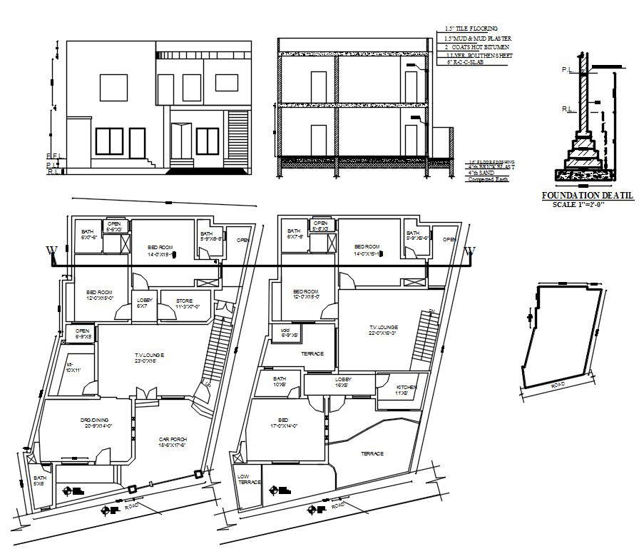 2d Design Of Ground Floor And First Floor Plan With Elevation And Section Details In Autocad