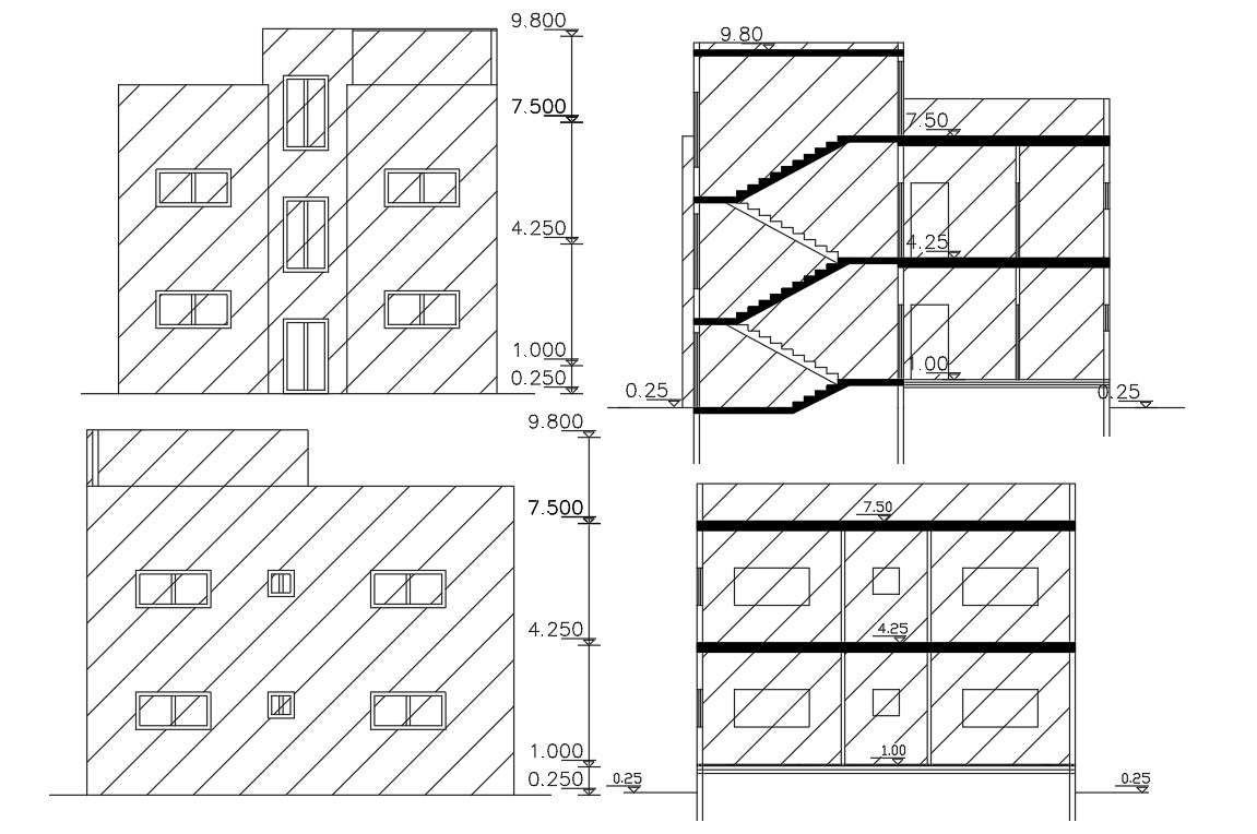 2 Storey House Building Front And Rear View Design - Cadbull