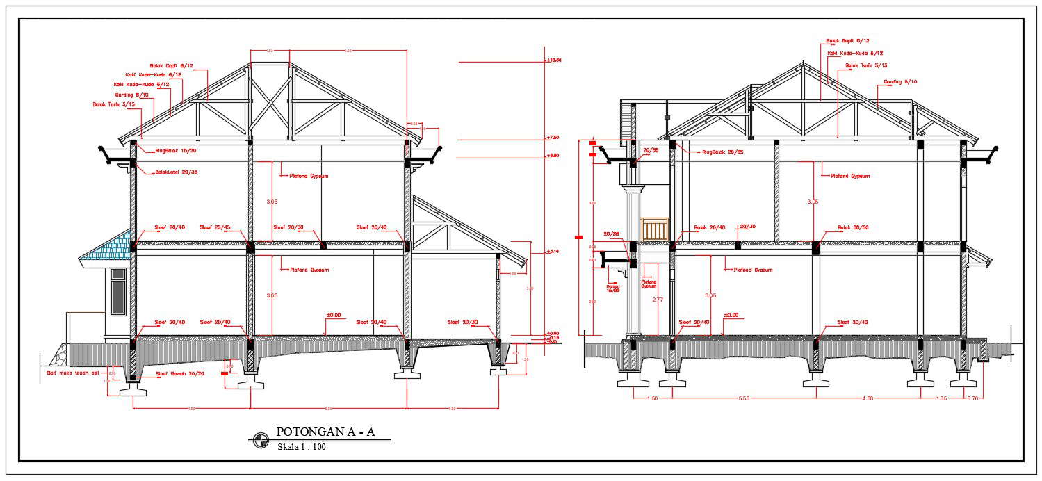 2 Storey House Building Section Drawing Download Dwg File Cadbull