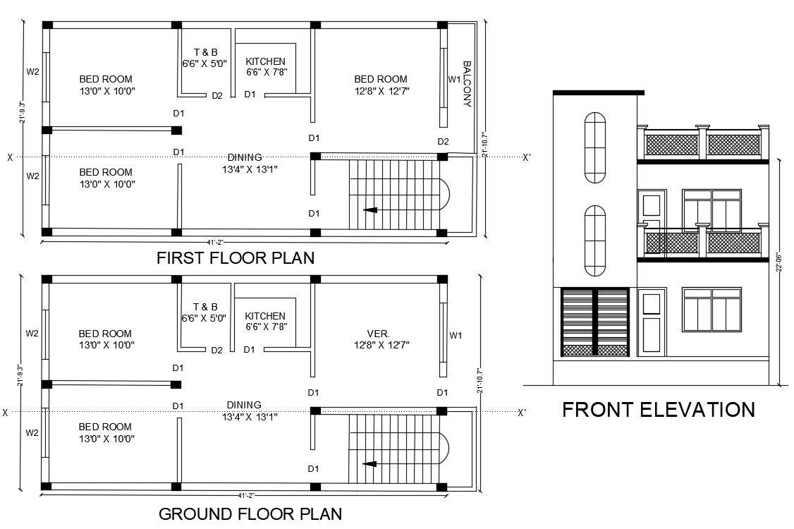 2 Storey House Floor Plan With Front Elevation Drawing DWG File - Cadbull