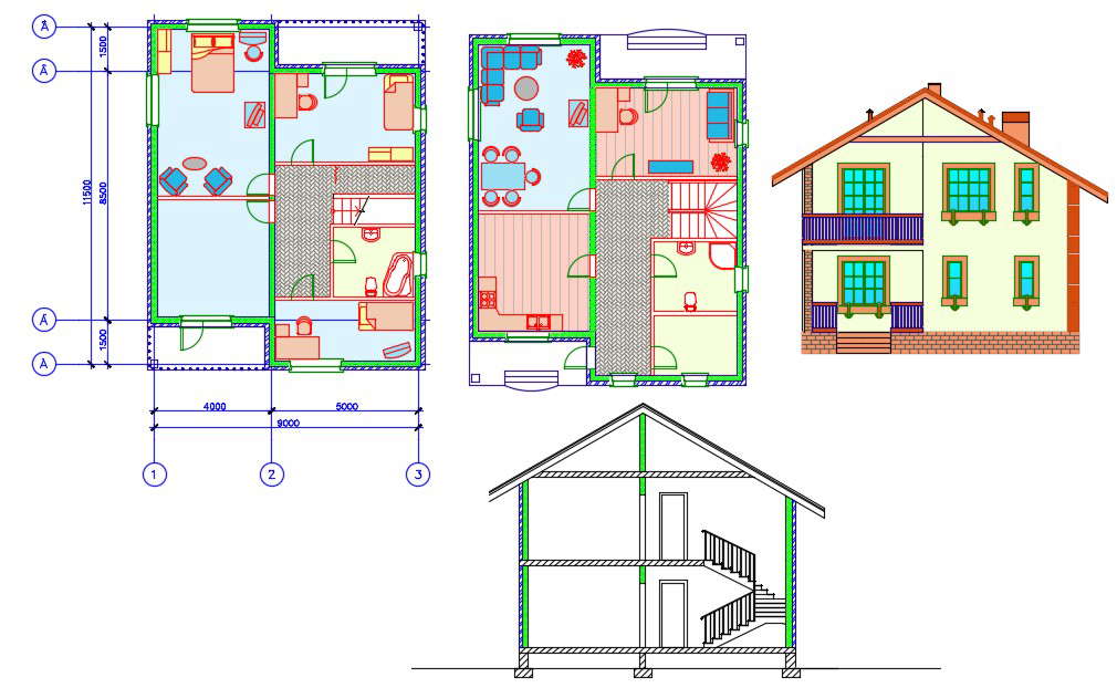 2 Storey House Floor Plan With House Building Front Elevation And Section Drawing Dwg File Cadbull