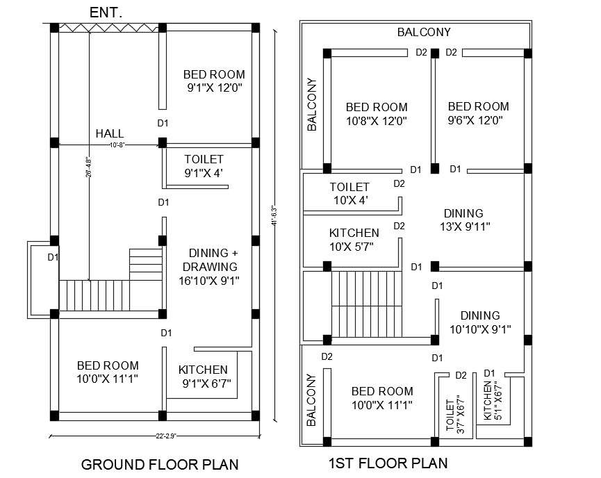 2 Storey House Ground Floor And First Floor Plan Cad Drawing Dwg File