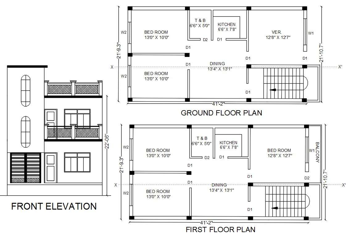 2 Storey House Plan With Front Elevation design AutoCAD File - Cadbull