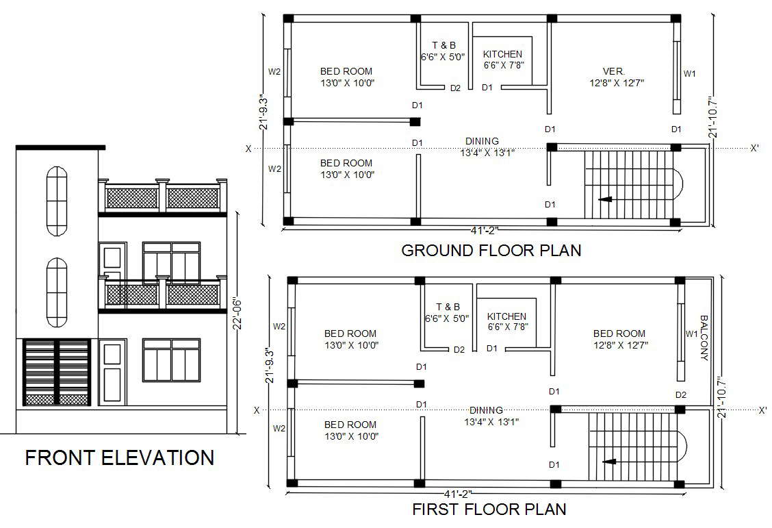 2 Storey House Plan With Front Elevation design AutoCAD File Cadbull