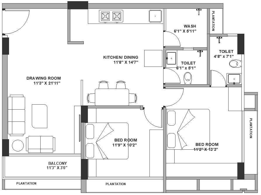 2 Bhk House Furniture Layout Plan Dwg Autocad Drawing Cadbull 3759