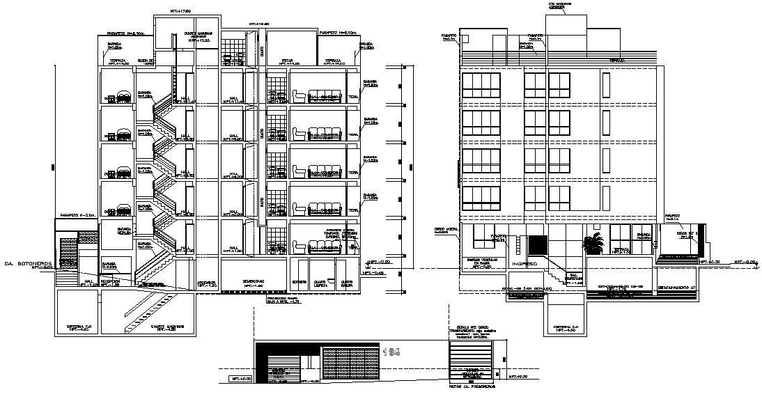 2d Cad Drawing Details Of Apartment Elevation And Section Design - Cadbull