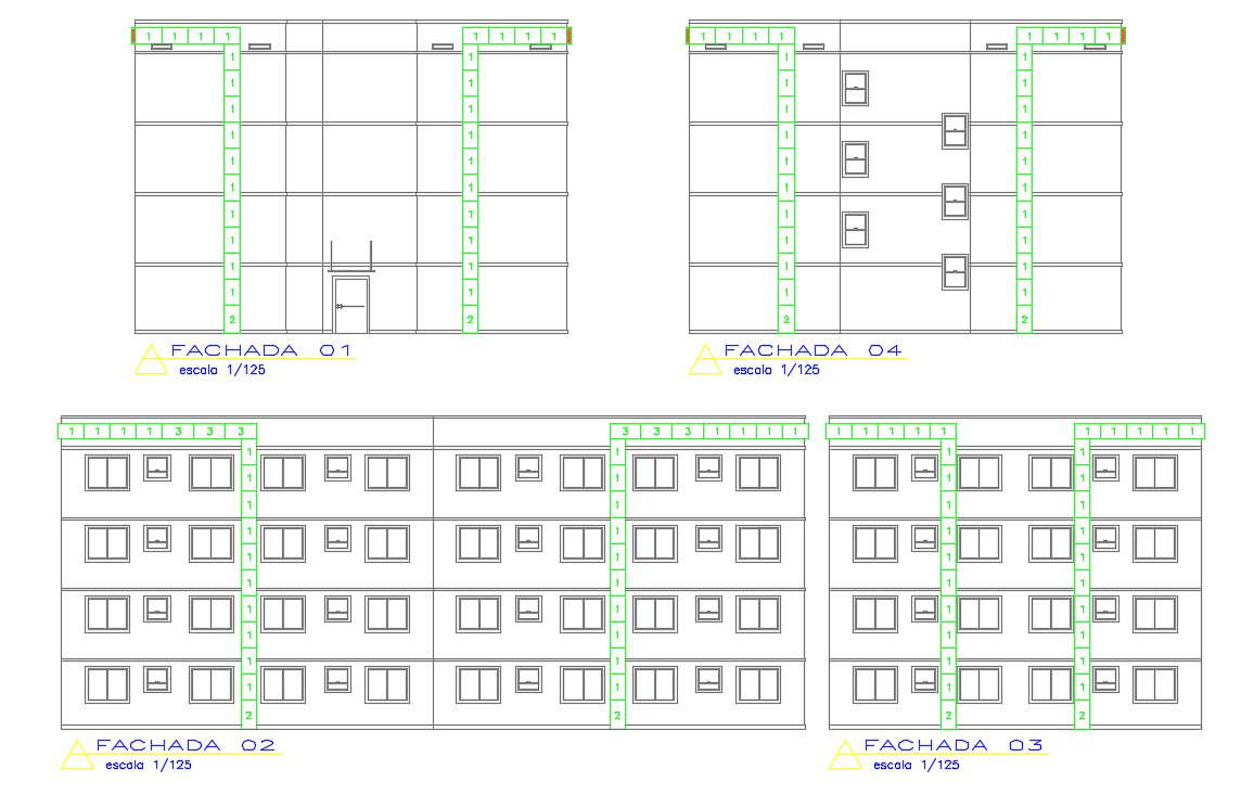 2d Residence Living Apartment Different Sides Elevation Design Autocad 