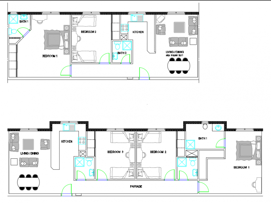 2d cad drawing furniture layout of 2 bedroom apartment