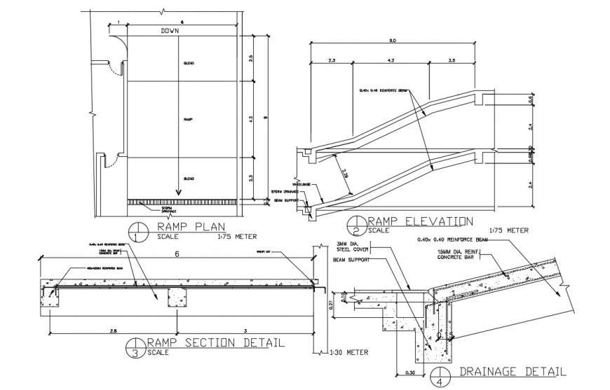 2d CAD drawings details of ramp plan elevation section dwg file Cadbull