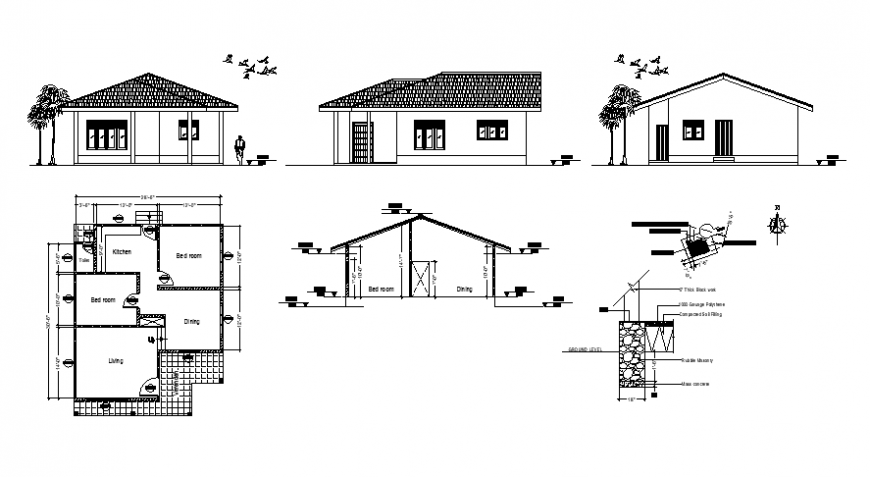 Drawings Of House Single Story Plan Elevation And Section Autocad File 