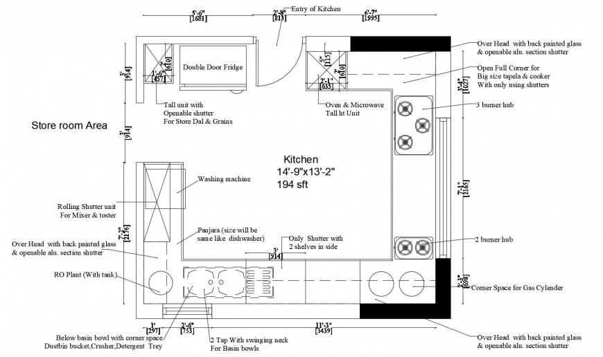 2d view of kitchen working plan with appliances AutoCAD file - Cadbull