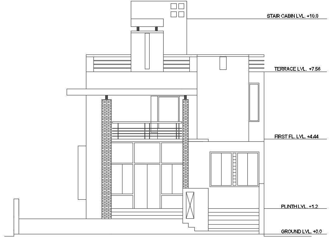 Section, elevation and plan 2d view layout housing structure layout file
