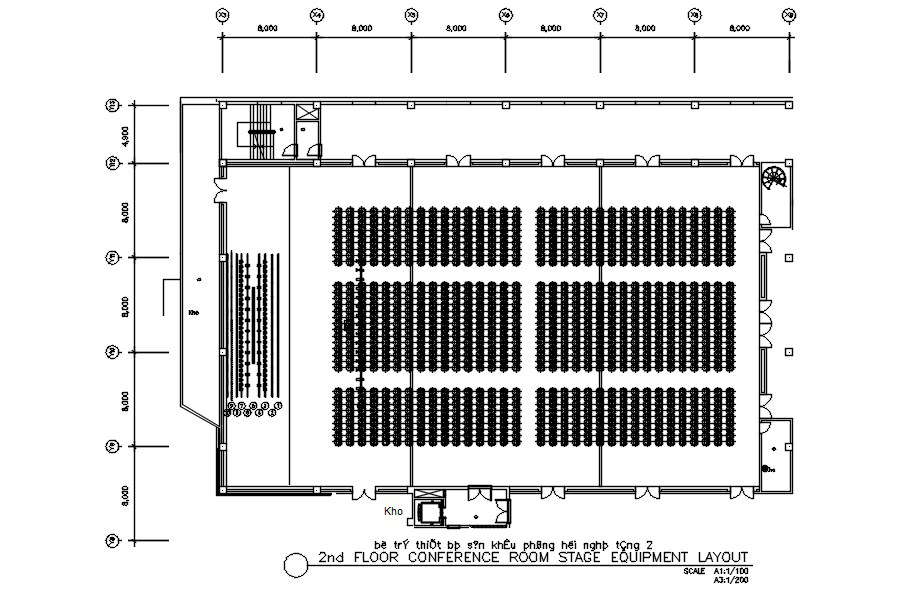 2nd floor conference room stage equipment layout plan in AutoCAD 2D