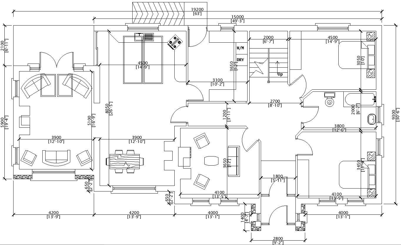 2 story house plan with dimensions in AutoCAD drawings, Dwg files