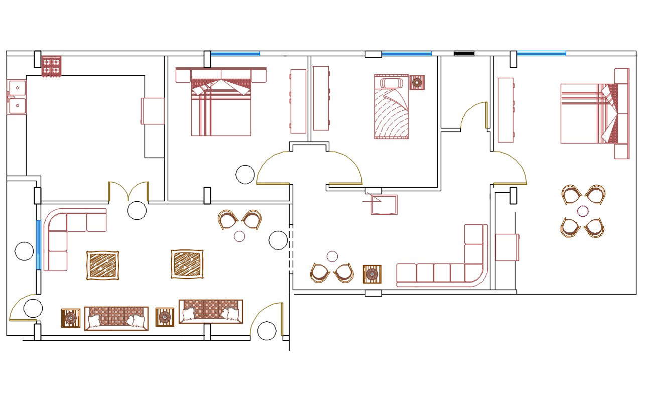 3 Bhk Apartment Unit House Furniture Plan Cadbull 0933