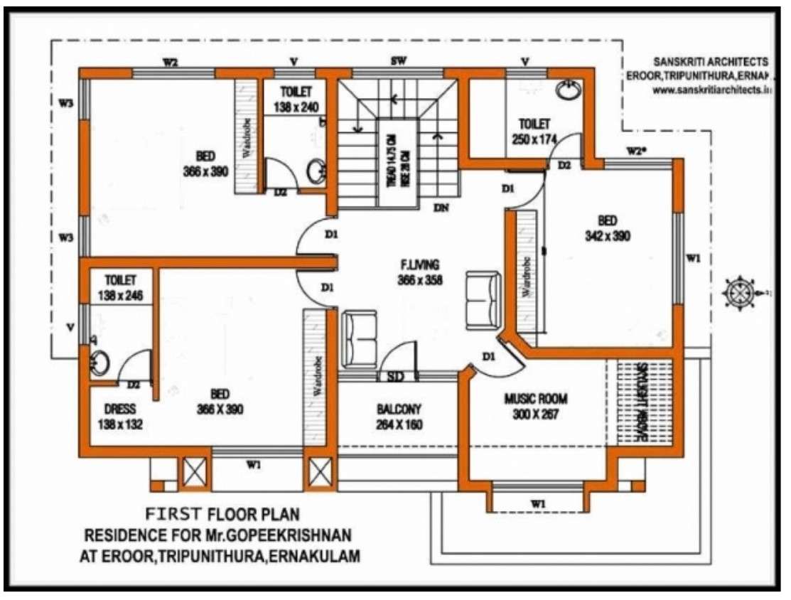 3 BHK House Floor layout plan Cadbull