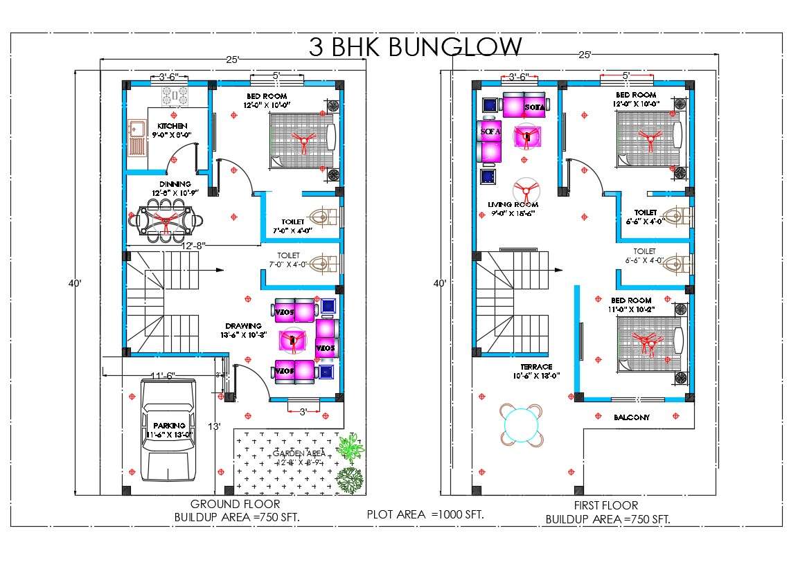 3 Bhk House Plan 1000 Sqft Autocad Drawing Cadbull
