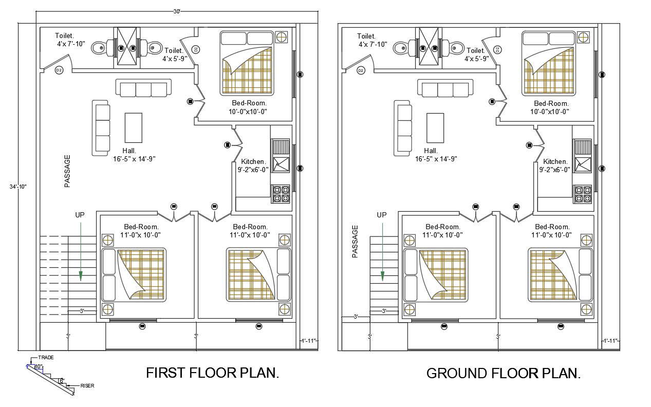 3 Bhk House Plan 30x34 Autocad Drawing Dwg File