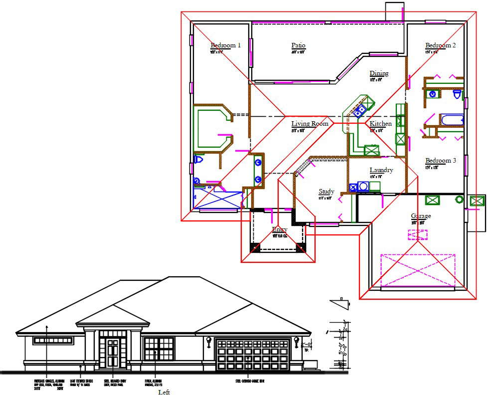 3 Bhk House Plan Ground Floor Dwg File Cadbull