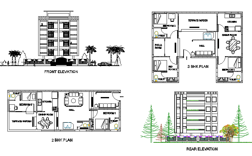 3 Bhk Plan And 2 Bhk Plan Detail Dwg File Cadbull