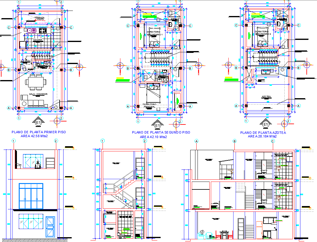 3 Level Row House plan - Cadbull