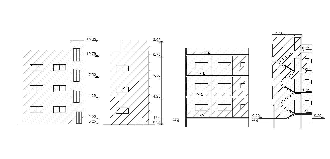 3 Storey Apartment House Building Sectional Elevation Design - Cadbull