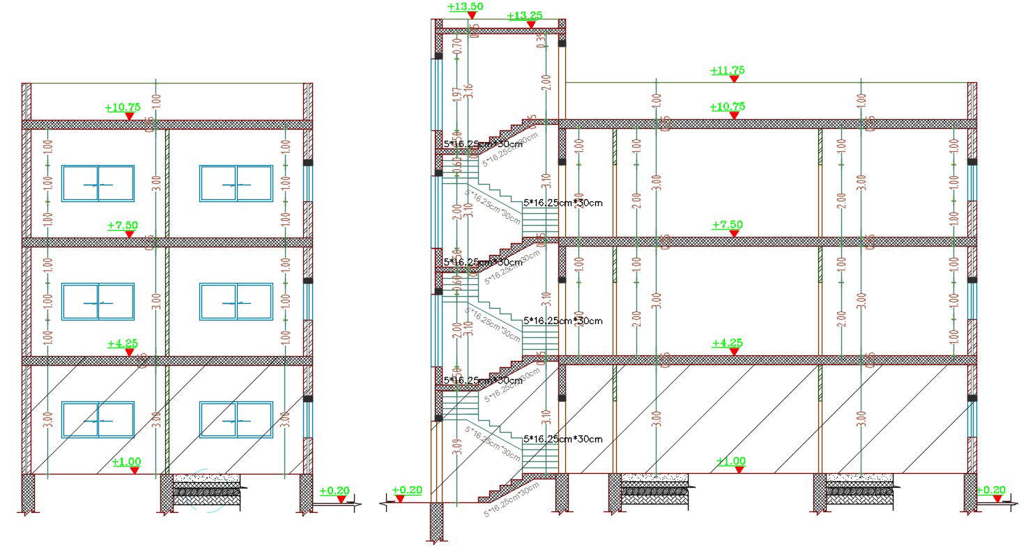 3 Storey House Building Section Drawing With Dimension Cadbull