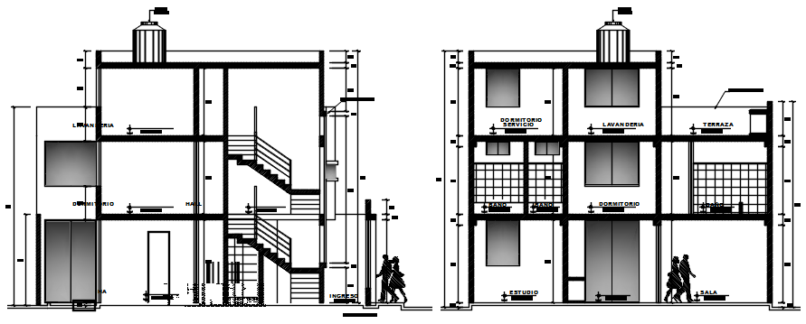 3 storey house design in dwg file - Cadbull