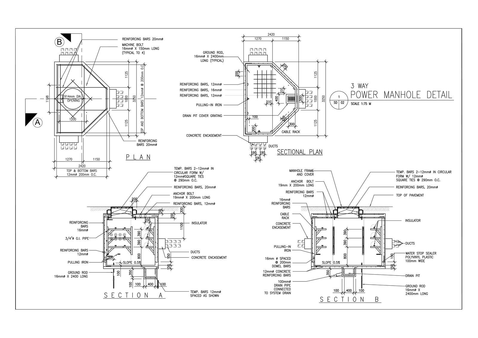 3 way power manhole plan - Cadbull