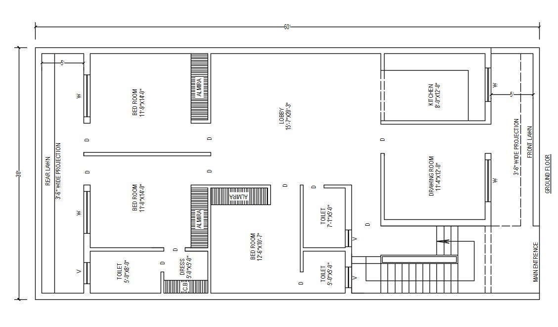 30' X 60' Feet house ground Floor Plan DWG file Cadbull