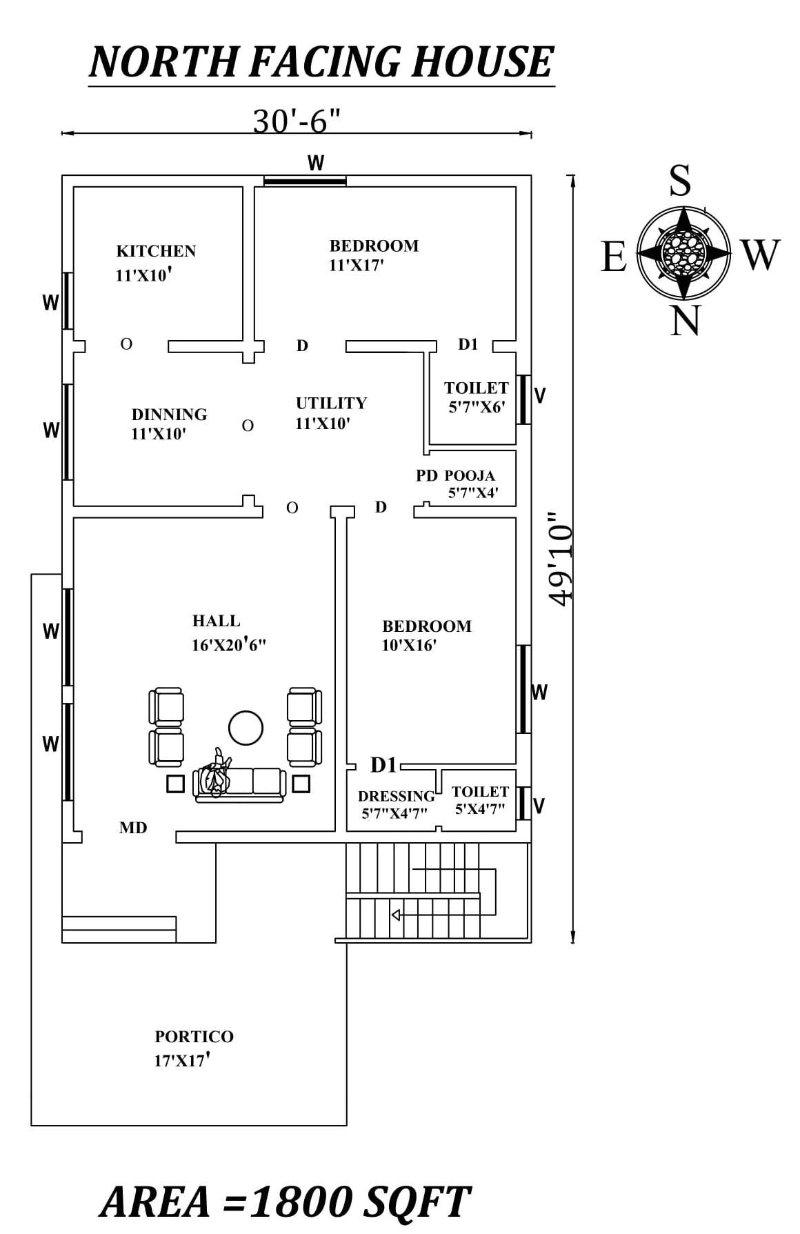 30'6"X49'10" Amazing North facing 2bhk house plan as per Vastu Shastra