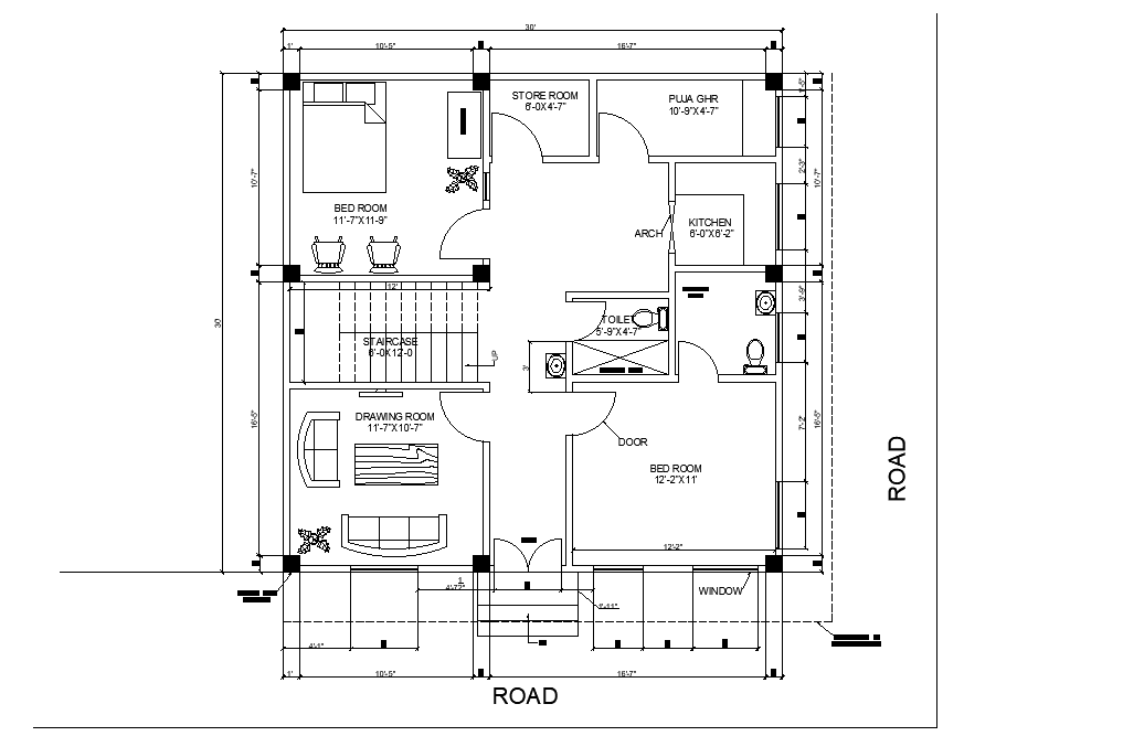 30'X30' AutoCAD House Floor Plan CAD Drawing DWG File Cadbull