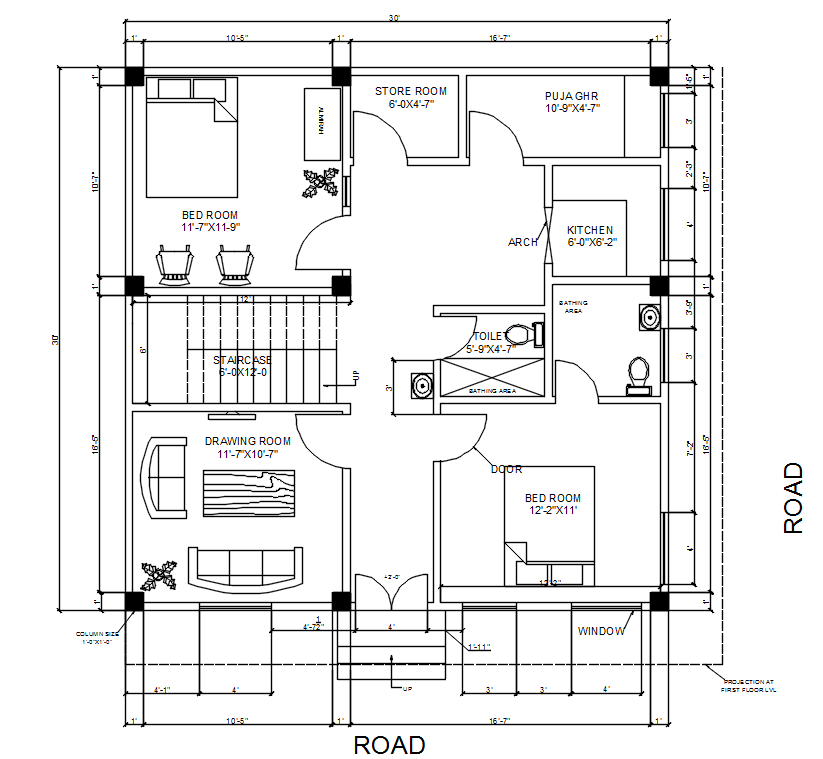 30'X30' House Layout plan AutoCAD Drawing DWG File - Cadbull
