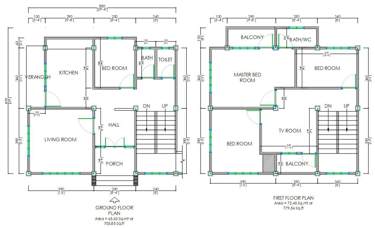 30x30 House Ground Floor And First Floor Layout Plan Dwg File Cadbull