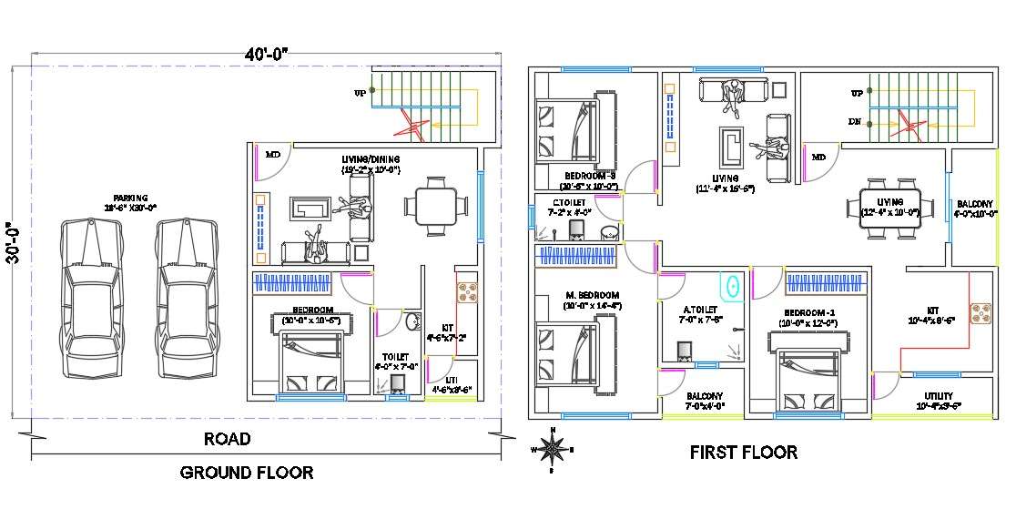 30'X40' House Ground Floor And First Floor Plan CAD