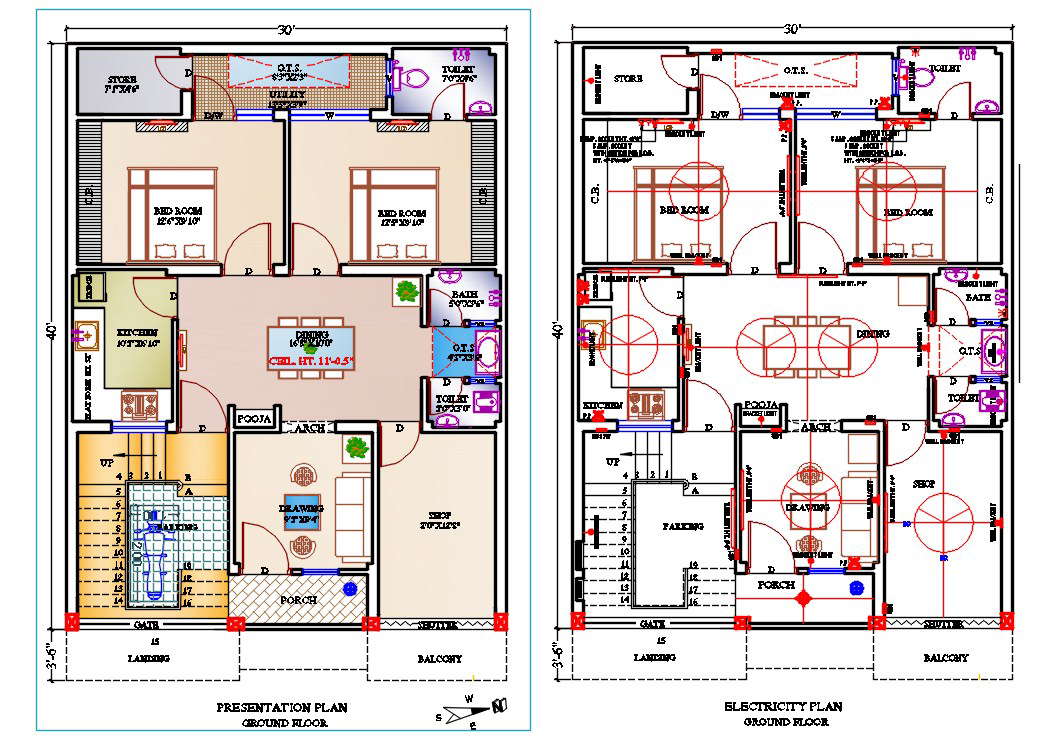 30x40 House Plan With Electrical Layout Drawing Dwg File Cadbull