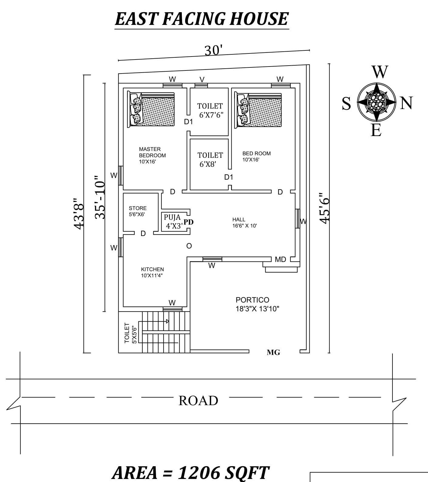 30 X45 6 The Perfect 2bhk East Facing House Plan As Per Vastu Shastra Autocad Dwg And Pdf File Details Cadbull