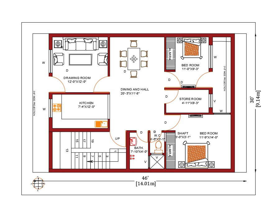 30X46 Feet House Architecture Plan CAD Drawing DWG File Cadbull