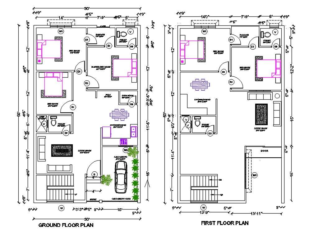 30'X50' House Ground Floor And First Floor Plan With Furniture Layout