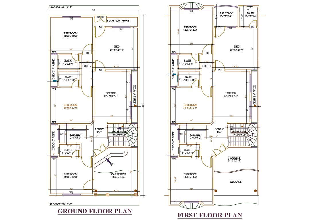 30 X 60 4 Bhk House Plan With Car Porch Design Autocad File Cadbull