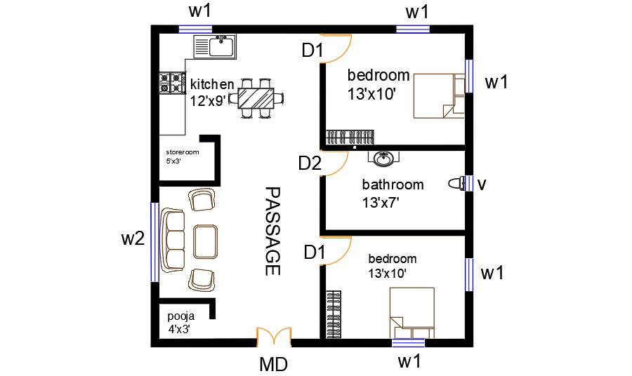 30x30 2 Bhk House Plan Cad Layout Cadbull 1057