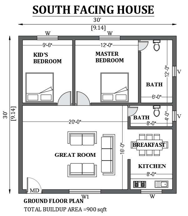 30’x30’ South facing house design as per vastu shastra is given in this ...