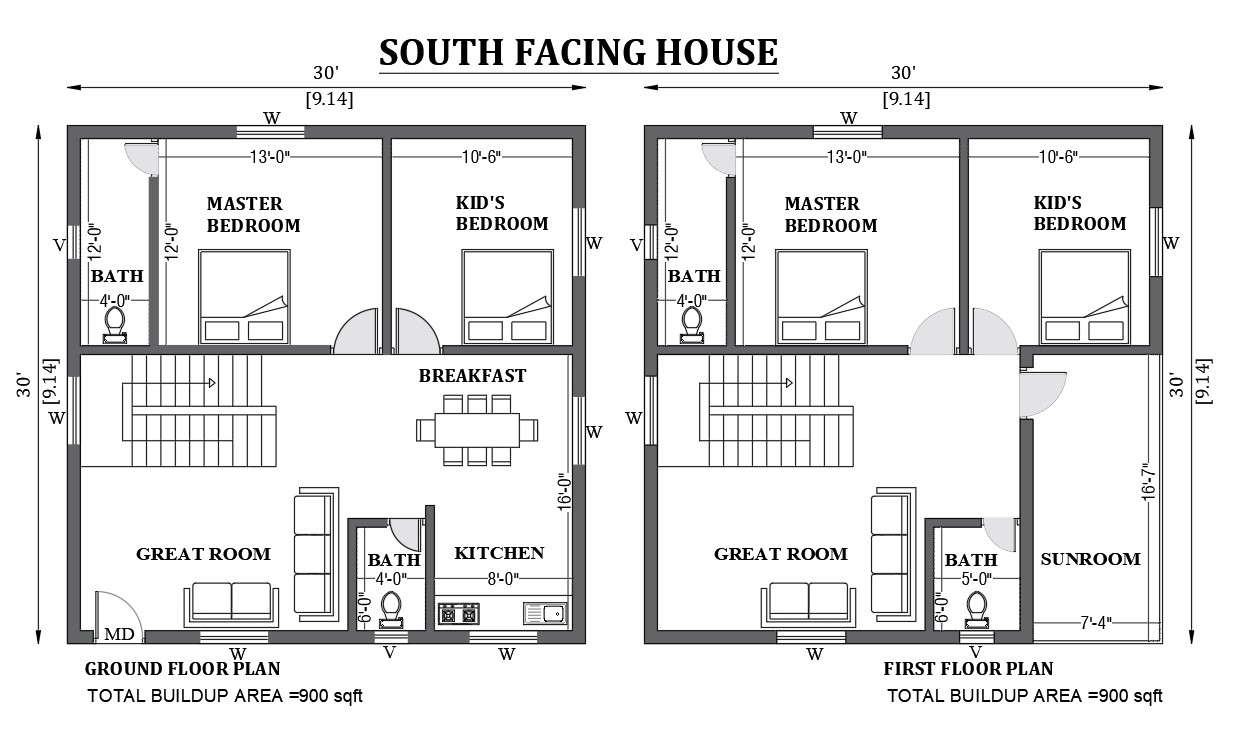 30'x30' south facing house design as per vastu shastra is given in this ...