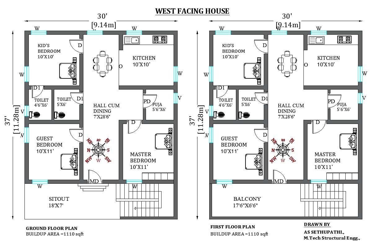30’x37’ ideal G+1 westfacing house plan as per vastu