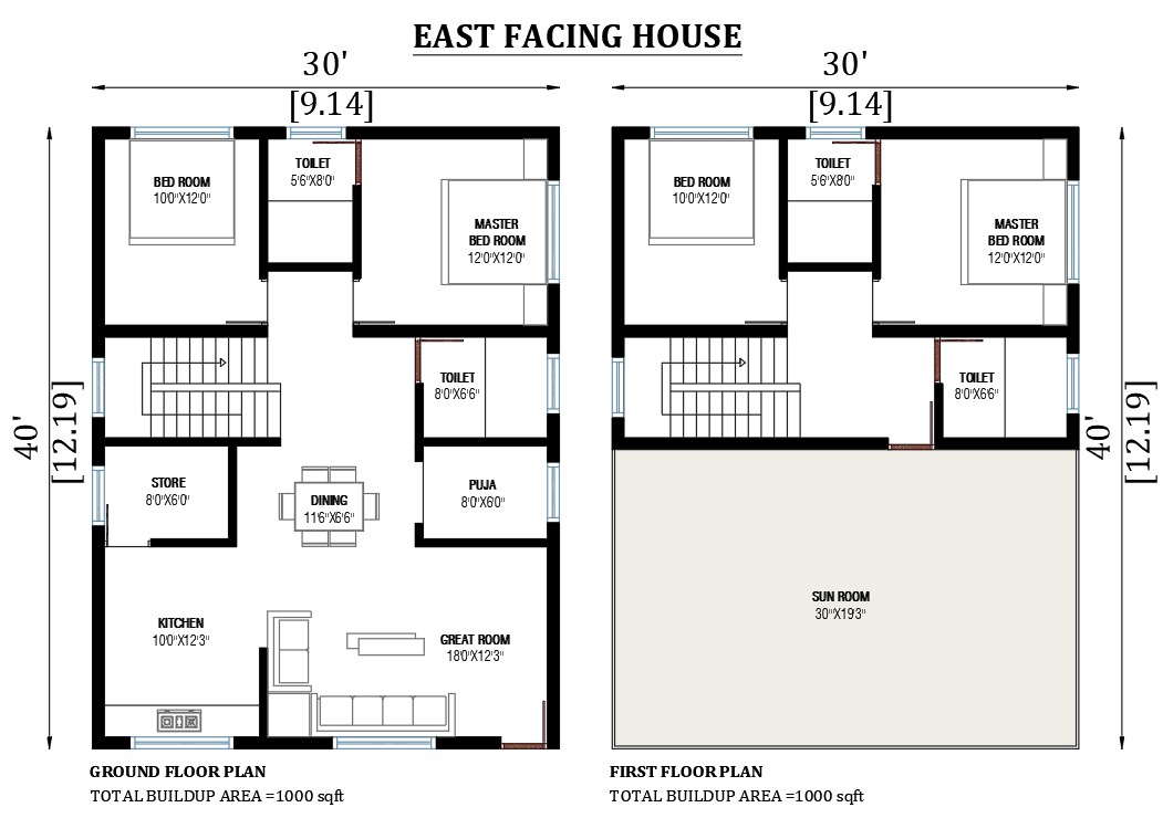 30'x40' East facing house plan as per Vastu shastra 2D Autocad drawing ...