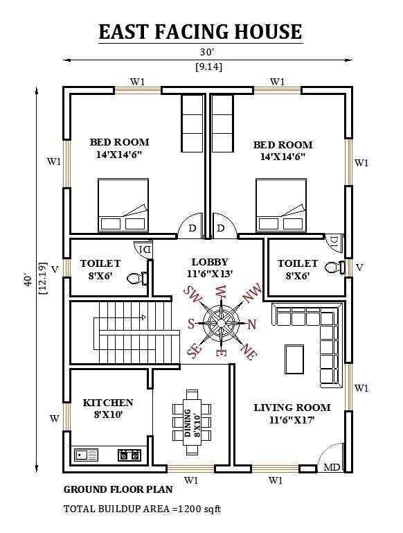 30’x40’ East facing house plan is given as per vastu shastra in this